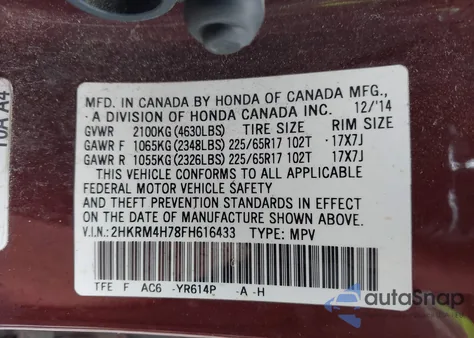2015 Honda Cr-V Ex-L z USA, uszkodzony, nr VIN 2HKRM4H78FH616433